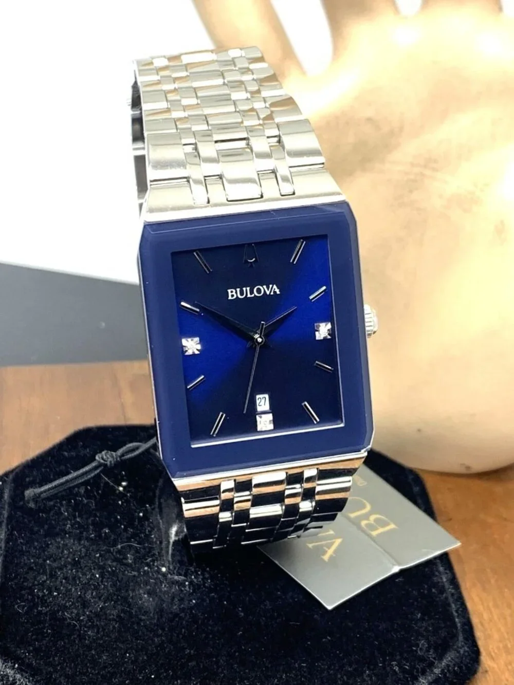 Bulova Men's Watch 96D139 Blue Dial Diamond Accent Rectangle Date Silver Steel